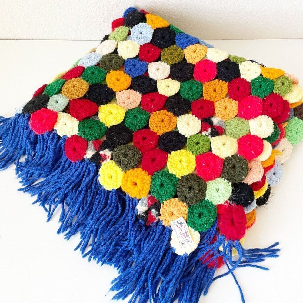 Vintage Afghan Blanket 55 x 36.5 Yo-Yo Puff Fringe Rainbow Colored Crochet Throw